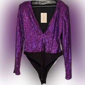 NWT SHEIN Purple Plunging Neck Sequin Bodysuit size L (8/10)